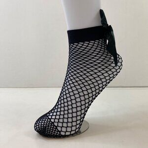 Fishnet Ankle Socks With Satin Bow Detail Black Mesh Design Lightweight Hosiery